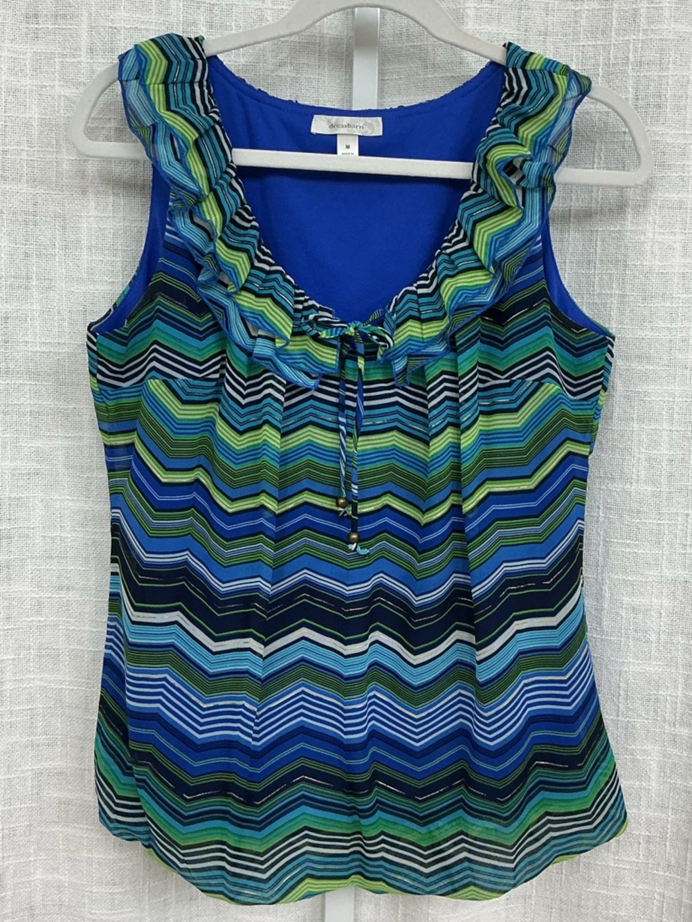 dressbarn Blue and Green Ruffle-Trim Chevron Tank